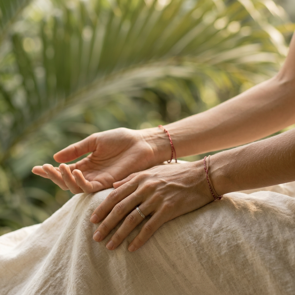 Slender relaxed hands resting on soft linen in warm Bali morning light